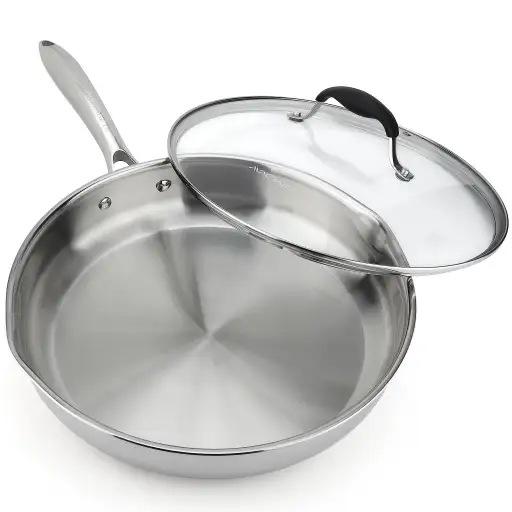 AVACRAFT 12 Inch Tri-Ply Stainless Steel Frying Pan with Glass Lid and Dual Pour Spouts - Induction Compatible BBQ Searing Skillet