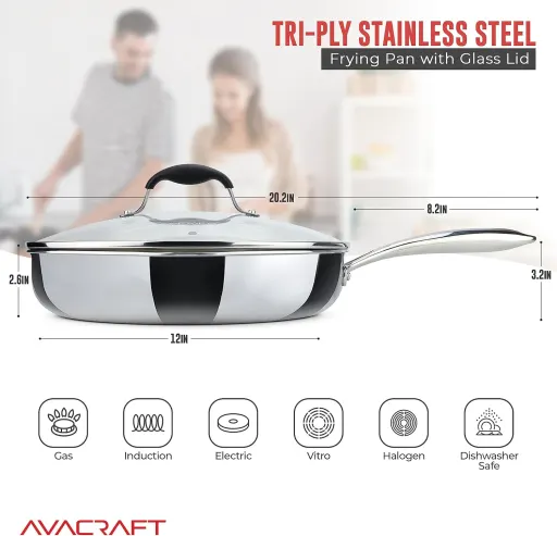 AVACRAFT 12 Inch Tri-Ply Stainless Steel Frying Pan with Glass Lid and Dual Pour Spouts - Induction Compatible BBQ Searing Skillet