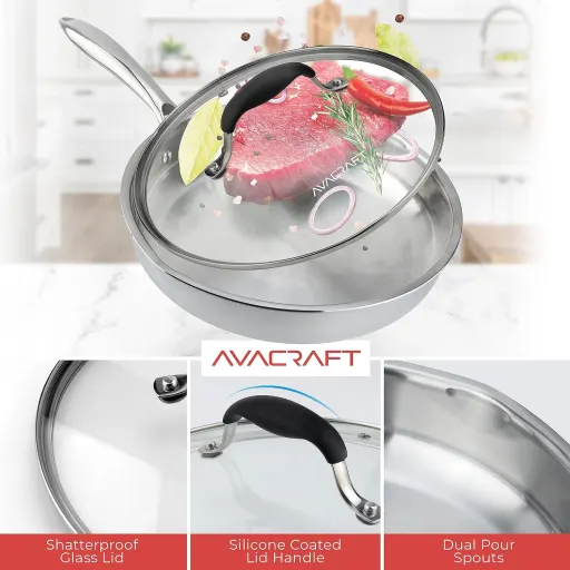AVACRAFT 12 Inch Tri-Ply Stainless Steel Frying Pan with Glass Lid and Dual Pour Spouts - Induction Compatible BBQ Searing Skillet