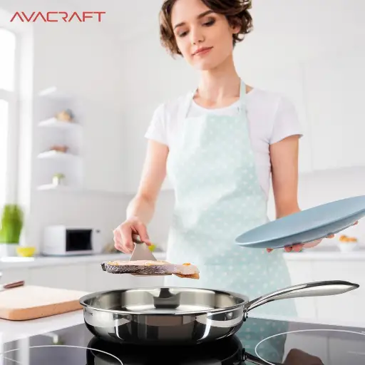AVACRAFT 12 Inch Tri-Ply Stainless Steel Frying Pan with Glass Lid and Dual Pour Spouts - Induction Compatible BBQ Searing Skillet