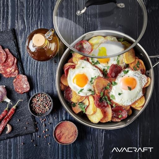 AVACRAFT 12 Inch Tri-Ply Stainless Steel Frying Pan with Glass Lid and Dual Pour Spouts - Induction Compatible BBQ Searing Skillet