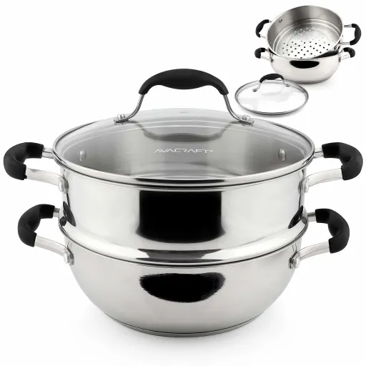 AVACRAFT 3 Piece 18/10 Stainless Steel Steamer Pot Set with Glass Lid and Steamer Basket Insert - 7 Quart Induction Compatible Tamale Steamer