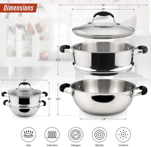 AVACRAFT 3 Piece 18/10 Stainless Steel Steamer Pot Set with Glass Lid and Steamer Basket Insert - 7 Quart Induction Compatible Tamale Steamer