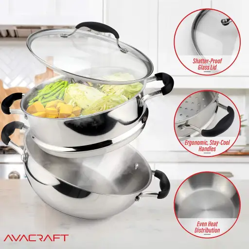 AVACRAFT 3 Piece 18/10 Stainless Steel Steamer Pot Set with Glass Lid and Steamer Basket Insert - 7 Quart Induction Compatible Tamale Steamer