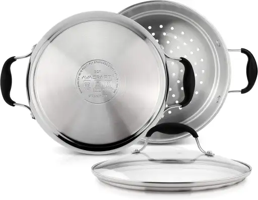 AVACRAFT 3 Piece 18/10 Stainless Steel Steamer Pot Set with Glass Lid and Steamer Basket Insert - 7 Quart Induction Compatible Tamale Steamer