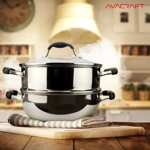 AVACRAFT 3 Piece 18/10 Stainless Steel Steamer Pot Set with Glass Lid and Steamer Basket Insert - 7 Quart Induction Compatible Tamale Steamer
