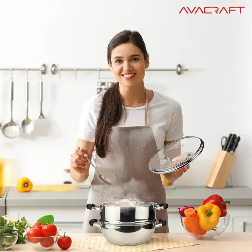 AVACRAFT 3 Piece 18/10 Stainless Steel Steamer Pot Set with Glass Lid and Steamer Basket Insert - 7 Quart Induction Compatible Tamale Steamer
