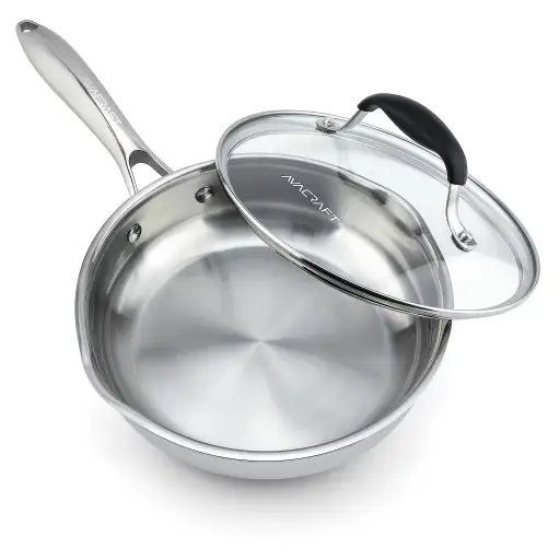 AVACRAFT 8 Inch Frying Pan 18/10 Stainless Steel Skillet with Glass Lid and Dual Pour Spouts - Oven Safe to 500F Induction Compatible No Nonstick Coating Skillet