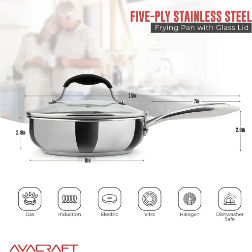 AVACRAFT 8 Inch Frying Pan 18/10 Stainless Steel Skillet with Glass Lid and Dual Pour Spouts - Oven Safe to 500F Induction Compatible No Nonstick Coating Skillet