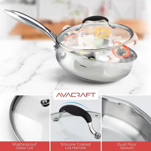 AVACRAFT 8 Inch Frying Pan 18/10 Stainless Steel Skillet with Glass Lid and Dual Pour Spouts - Oven Safe to 500F Induction Compatible No Nonstick Coating Skillet