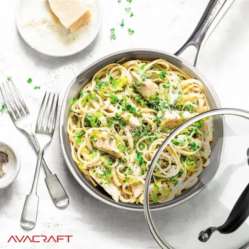 AVACRAFT 8 Inch Frying Pan 18/10 Stainless Steel Skillet with Glass Lid and Dual Pour Spouts - Oven Safe to 500F Induction Compatible No Nonstick Coating Skillet