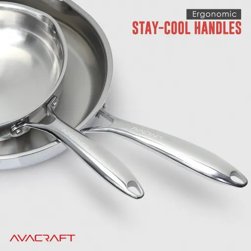 AVACRAFT 8 Inch Frying Pan 18/10 Stainless Steel Skillet with Glass Lid and Dual Pour Spouts - Oven Safe to 500F Induction Compatible No Nonstick Coating Skillet