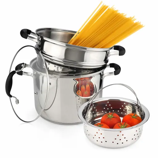 AVACRAFT 4 Piece 7 Quart 18/10 Stainless Steel Pasta Pot Set with Strainer Insert Steamer Basket and Glass Lid - Induction Compatible BBQ Side Cooking Pot