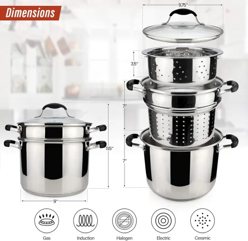 AVACRAFT 4 Piece 7 Quart 18/10 Stainless Steel Pasta Pot Set with Strainer Insert Steamer Basket and Glass Lid - Induction Compatible BBQ Side Cooking Pot