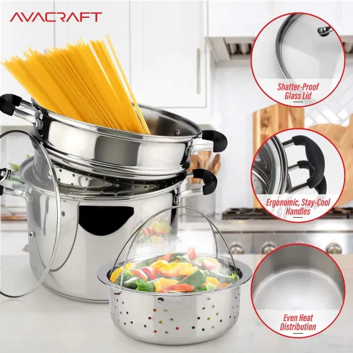AVACRAFT 4 Piece 7 Quart 18/10 Stainless Steel Pasta Pot Set with Strainer Insert Steamer Basket and Glass Lid - Induction Compatible BBQ Side Cooking Pot