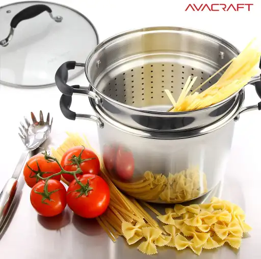 AVACRAFT 4 Piece 7 Quart 18/10 Stainless Steel Pasta Pot Set with Strainer Insert Steamer Basket and Glass Lid - Induction Compatible BBQ Side Cooking Pot