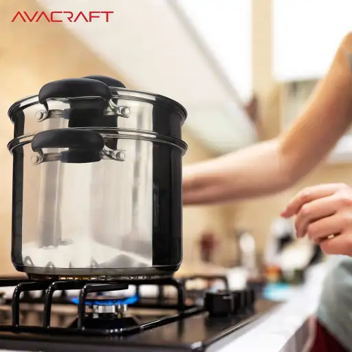 AVACRAFT 4 Piece 7 Quart 18/10 Stainless Steel Pasta Pot Set with Strainer Insert Steamer Basket and Glass Lid - Induction Compatible BBQ Side Cooking Pot