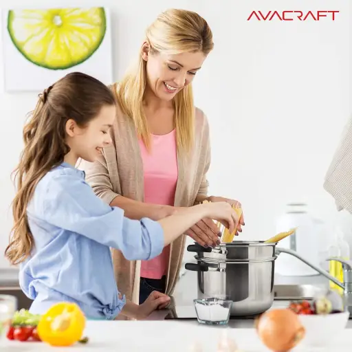 AVACRAFT 4 Piece 7 Quart 18/10 Stainless Steel Pasta Pot Set with Strainer Insert Steamer Basket and Glass Lid - Induction Compatible BBQ Side Cooking Pot