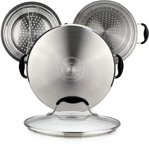 AVACRAFT 4 Piece 7 Quart 18/10 Stainless Steel Pasta Pot Set with Strainer Insert Steamer Basket and Glass Lid - Induction Compatible BBQ Side Cooking Pot