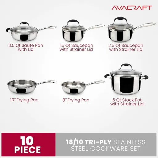 AVACRAFT 10 Piece 18/10 Stainless Steel Cookware Set with Pots Pans and Strainer Lids - Induction Compatible Multi-Ply BBQ Kitchen Essentials