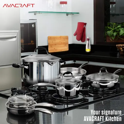 AVACRAFT 10 Piece 18/10 Stainless Steel Cookware Set with Pots Pans and Strainer Lids - Induction Compatible Multi-Ply BBQ Kitchen Essentials