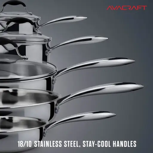 AVACRAFT 10 Piece 18/10 Stainless Steel Cookware Set with Pots Pans and Strainer Lids - Induction Compatible Multi-Ply BBQ Kitchen Essentials