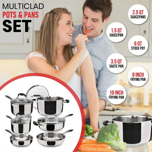 AVACRAFT 10 Piece 18/10 Stainless Steel Cookware Set with Pots Pans and Strainer Lids - Induction Compatible Multi-Ply BBQ Kitchen Essentials