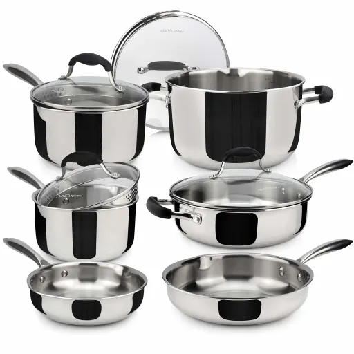 AVACRAFT 10 Piece 18/10 Stainless Steel Cookware Set with Pots Pans and Strainer Lids - Induction Compatible Multi-Ply BBQ Kitchen Essentials