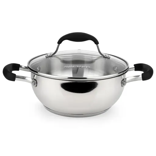 AVACRAFT 8 Inch Stainless Steel Everyday Pan with Five-Ply Base and Shatterproof Dome Glass Lid - Induction Compatible Multipurpose Saute Stir Fry Skillet