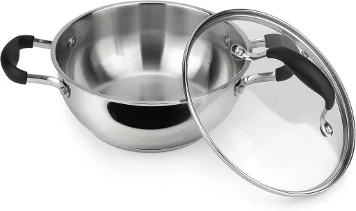 AVACRAFT 8 Inch Stainless Steel Everyday Pan with Five-Ply Base and Shatterproof Dome Glass Lid - Induction Compatible Multipurpose Saute Stir Fry Skillet