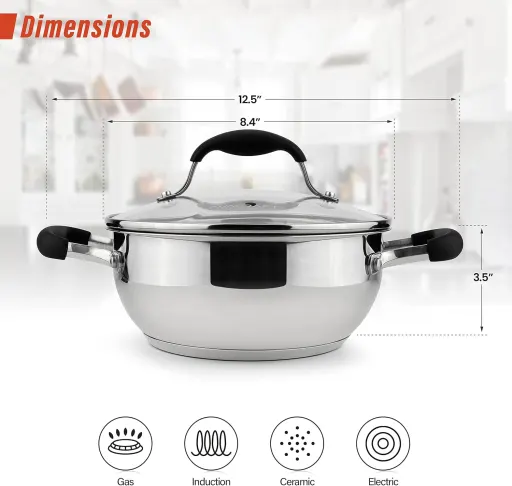 AVACRAFT 8 Inch Stainless Steel Everyday Pan with Five-Ply Base and Shatterproof Dome Glass Lid - Induction Compatible Multipurpose Saute Stir Fry Skillet