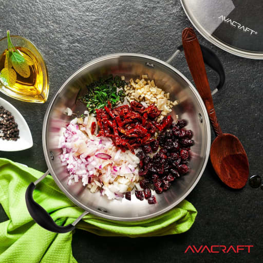 AVACRAFT 8 Inch Stainless Steel Everyday Pan with Five-Ply Base and Shatterproof Dome Glass Lid - Induction Compatible Multipurpose Saute Stir Fry Skillet