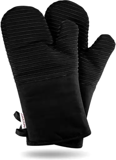AVACRAFT Black Oven Mitts Pair - 500F Heat Resistant Oven Mitts Cotton Silicone BBQ Grill Mitts with Terry Cloth Interior