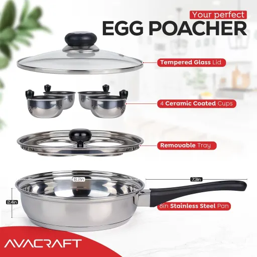 AVACRAFT Stainless Steel Egg Poacher Pan with 4 PFOA Free Non-Stick Cups and Tempered Glass Lid for All Stovetops