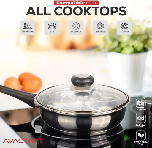 AVACRAFT Stainless Steel Egg Poacher Pan with 4 PFOA Free Non-Stick Cups and Tempered Glass Lid for All Stovetops