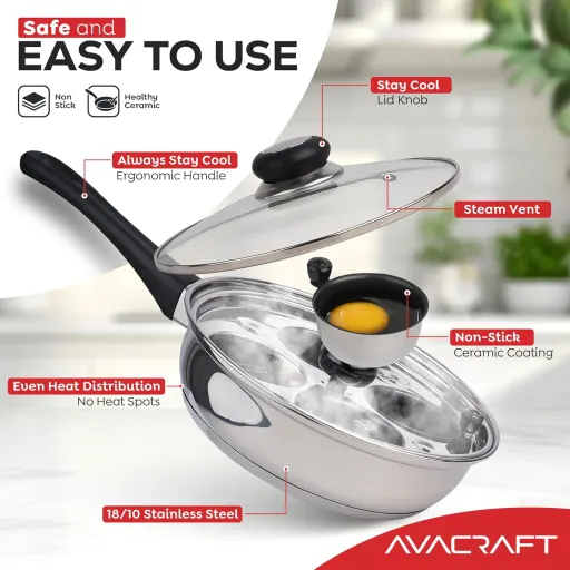 AVACRAFT Stainless Steel Egg Poacher Pan with 4 PFOA Free Non-Stick Cups and Tempered Glass Lid for All Stovetops