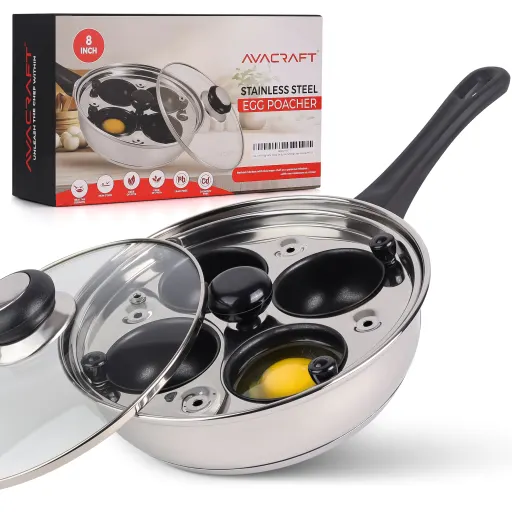 AVACRAFT Stainless Steel Egg Poacher Pan with 4 PFOA Free Non-Stick Cups and Tempered Glass Lid for All Stovetops
