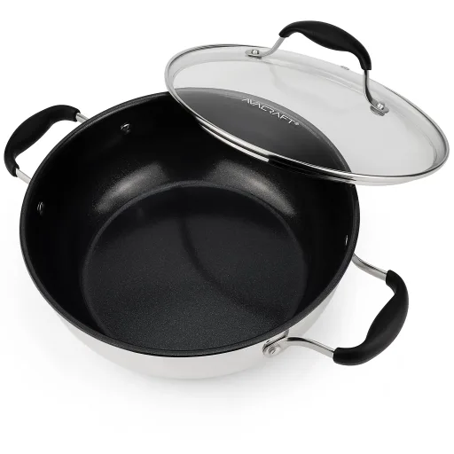 AVACRAFT 9 Inch Ceramic Nonstick Pan for Everyday with Glass Lid and Tri-Ply PFOA Fee - Stainless Steel - Induction Compatible Skillet
