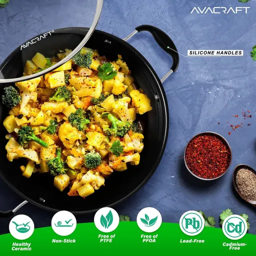 AVACRAFT 9 Inch Ceramic Nonstick Pan for Everyday with Glass Lid and Tri-Ply PFOA Fee - Stainless Steel - Induction Compatible Skillet