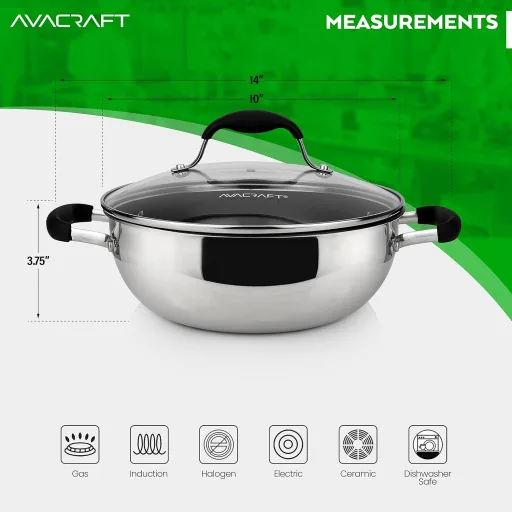 AVACRAFT 9 Inch Ceramic Nonstick Pan for Everyday with Glass Lid and Tri-Ply PFOA Fee - Stainless Steel - Induction Compatible Skillet