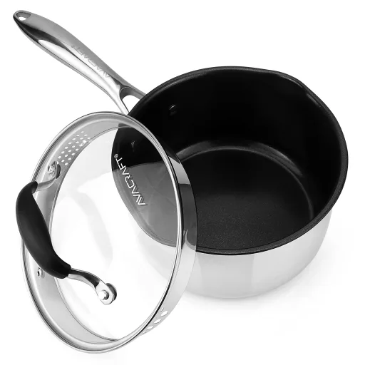 AVACRAFT 2.5 Quart Ceramic Nonstick Saucepan with Glass Strainer Lid and Dual Pour Spouts - PFOA Free BBQ Sauce Pot