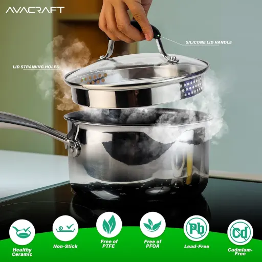 AVACRAFT 2.5 Quart Ceramic Nonstick Saucepan with Glass Strainer Lid and Dual Pour Spouts - PFOA Free BBQ Sauce Pot