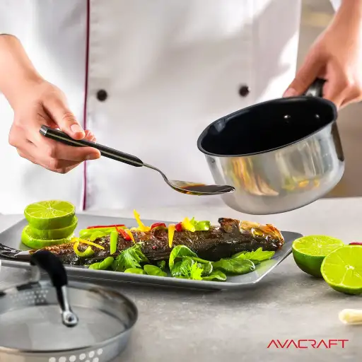 AVACRAFT 2.5 Quart Ceramic Nonstick Saucepan with Glass Strainer Lid and Dual Pour Spouts - PFOA Free BBQ Sauce Pot
