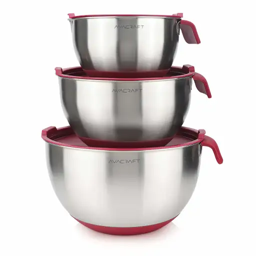 AVACRAFT 3-Piece Stainless Steel Mixing Bowl Set with Lids and Non-Slip Base - BBQ Prep Bowls in Red