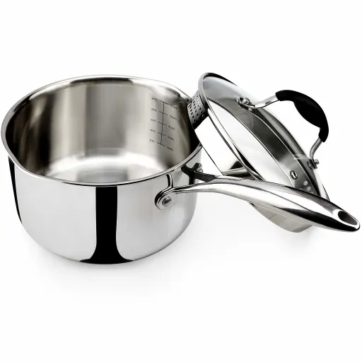 AVACRAFT 3.5 Quart Tri-Ply Saucepan Full Body Stainless Steel with Glass Strainer Lid and Dual Pour Spouts - Induction Compatible BBQ Sauce Pot