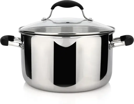 AVACRAFT 6 Quart Tri-Ply Stainless Steel Stockpot with Glass Strainer Lid and Dual Pour Spouts - Induction Compatible BBQ Beans and Chili Pot