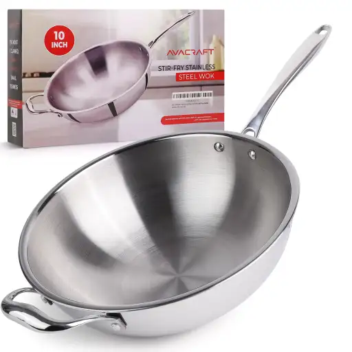 AVACRAFT 10 Inch Tri-Ply Stainless Steel Wok with Flat Bottom and Silicone Helper Handle - PFOA Free Induction Compatible Stir Fry Pan
