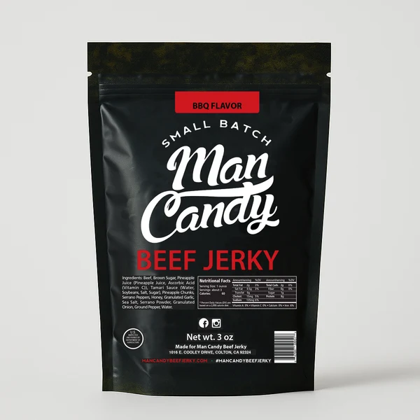 Man Candy BBQ Beef Jerky with Oak Smoked Jerky Aged Smokiness Honey Sweetness and Bold BBQ Richness - Premium High Protein Jerky Campfire Inspired Texas BBQ Beef Jerky Snack
