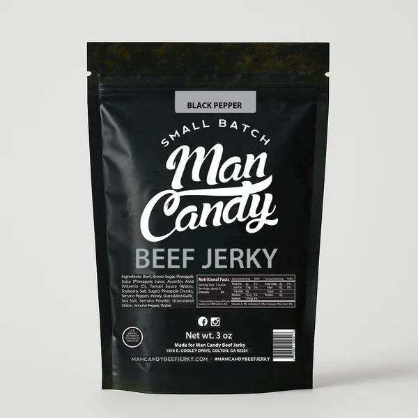 Man Candy Black Pepper Jerky Loaded with Cracked Pepper Jerky and Smoky Goodness - Bold High Protein Jerky Premium BBQ Beef Jerky Snack for Hiking Camping Rodeo and Everyday On-The-Go