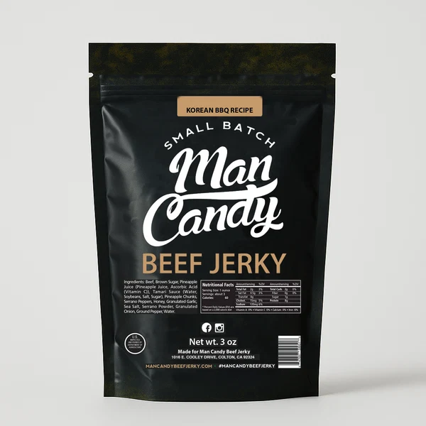 Man Candy Korean BBQ Jerky Marinated in Rich Soy Garlic Jerky and Chili Heat - Bold High Protein Jerky Premium Korean BBQ Flavored Asian Beef Jerky Snack for Hiking Road Trips and Everyday On-The-Go